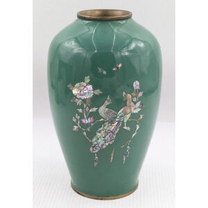 Green Enamel Brass Cloisonne Mother of Pearl Flower Bird Inlay Vase 10" Vintage
